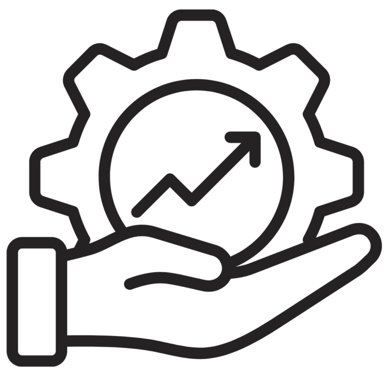 Pictogramme d’un engrenage et d’une courbe de progression posés sur une main