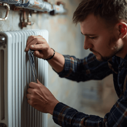 plombier réparant un radiateur ancien.