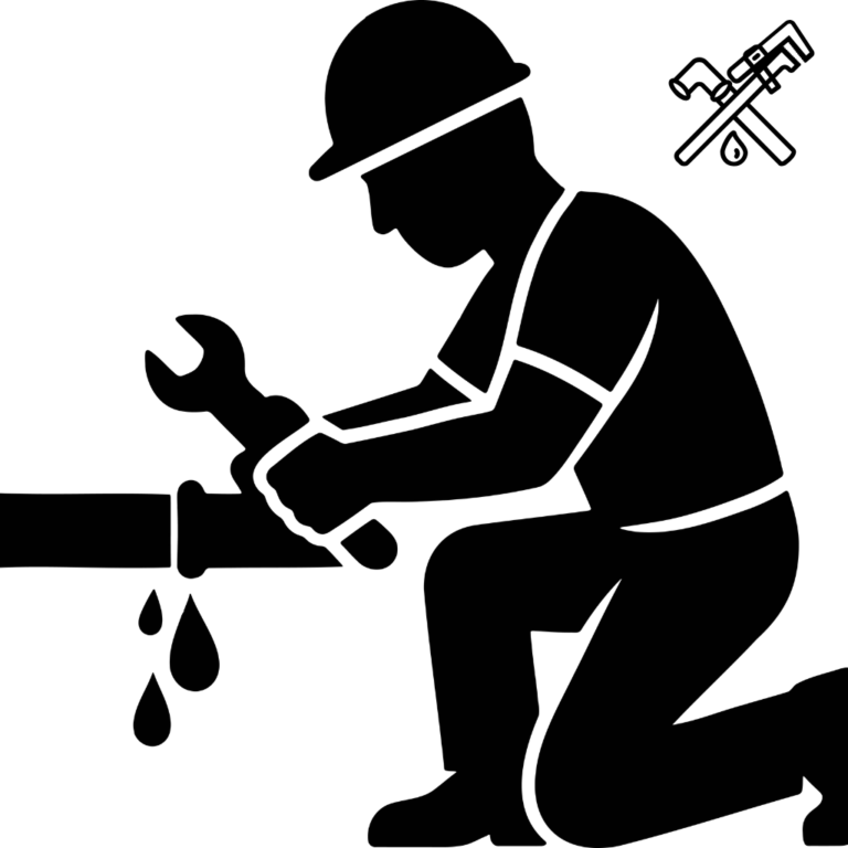 Pictogramme d’un plombier réparant une canalisation qui fuit