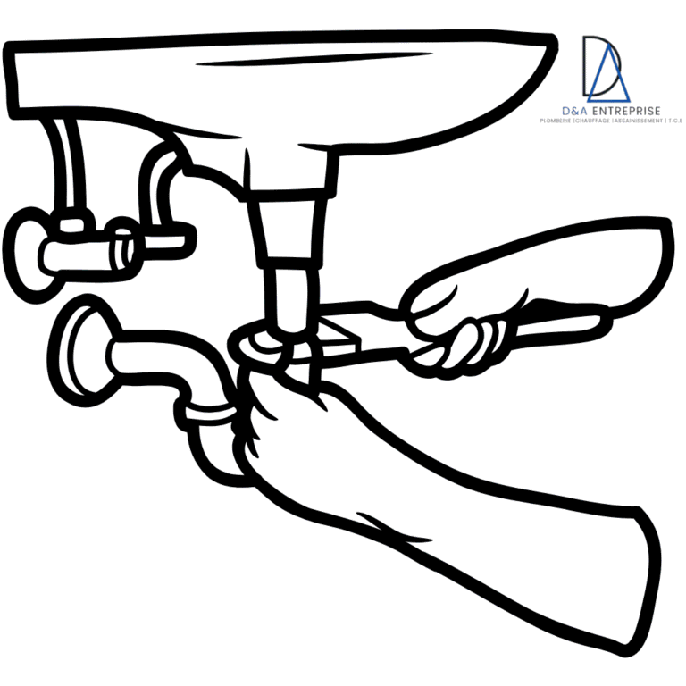 Dessin d’une main serrant la clé sur le siphon d’un lavabo